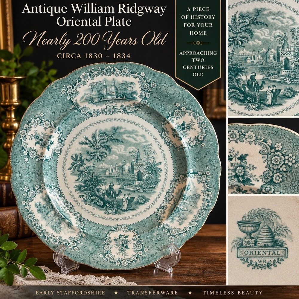 Antique c1830 William Ridgway Oriental Plate Teal Green Transferware 11"